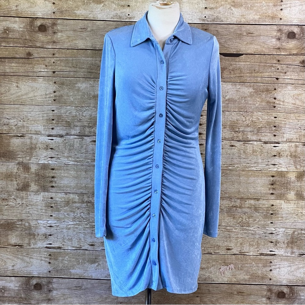 Cotton On Womens Blue Ruched Button Front Long Sleeve Mini Shirt Dress 2053386